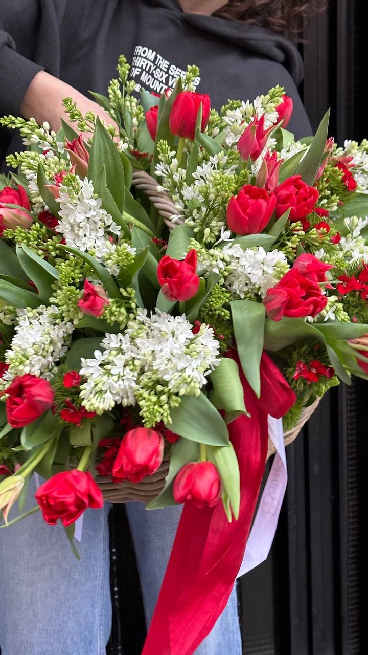 Tulips with White Lilac and Hydrangeas in a Basket - Image 2