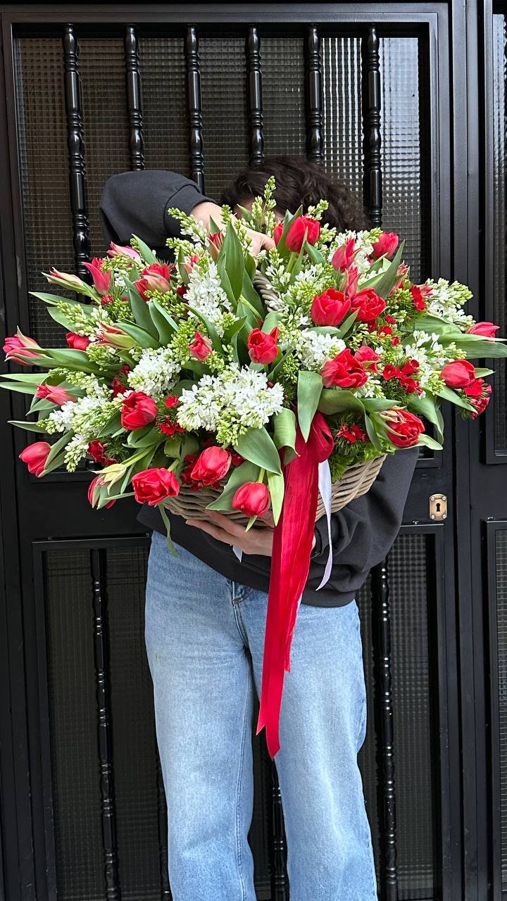 Tulips with White Lilac and Hydrangeas in a Basket - Image 3