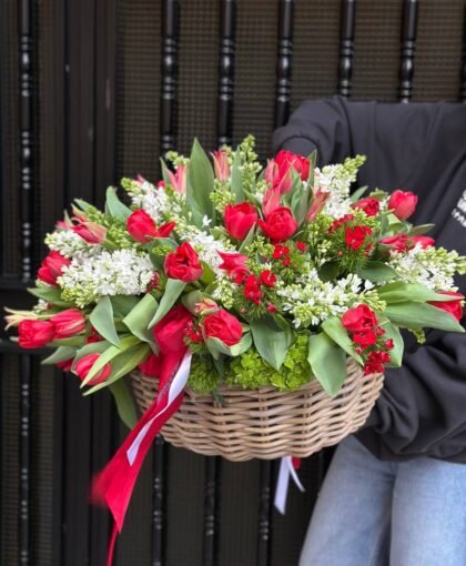 tulips with white lilac and hydrangeas in a basket